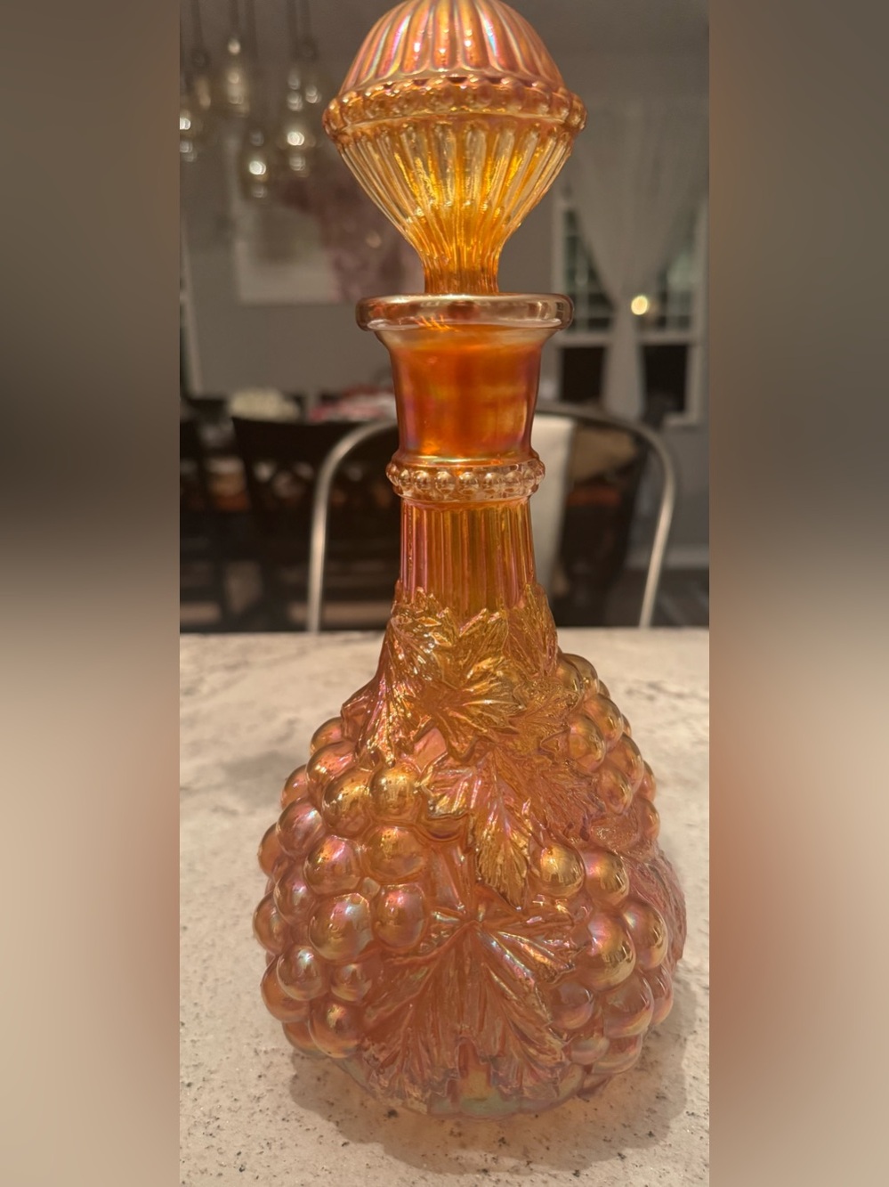 Iridescent Orange Glass Decanter with Grape-Cluster Motif